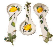 Load image into Gallery viewer, Ceramic Spoon Rest: lemon design with decorative ribbon and beads (free USA shipping included)
