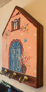 Hand-painted Wooden Cottage: Coral Cottage and Blue Door—option for key holder (free USA shipping included)