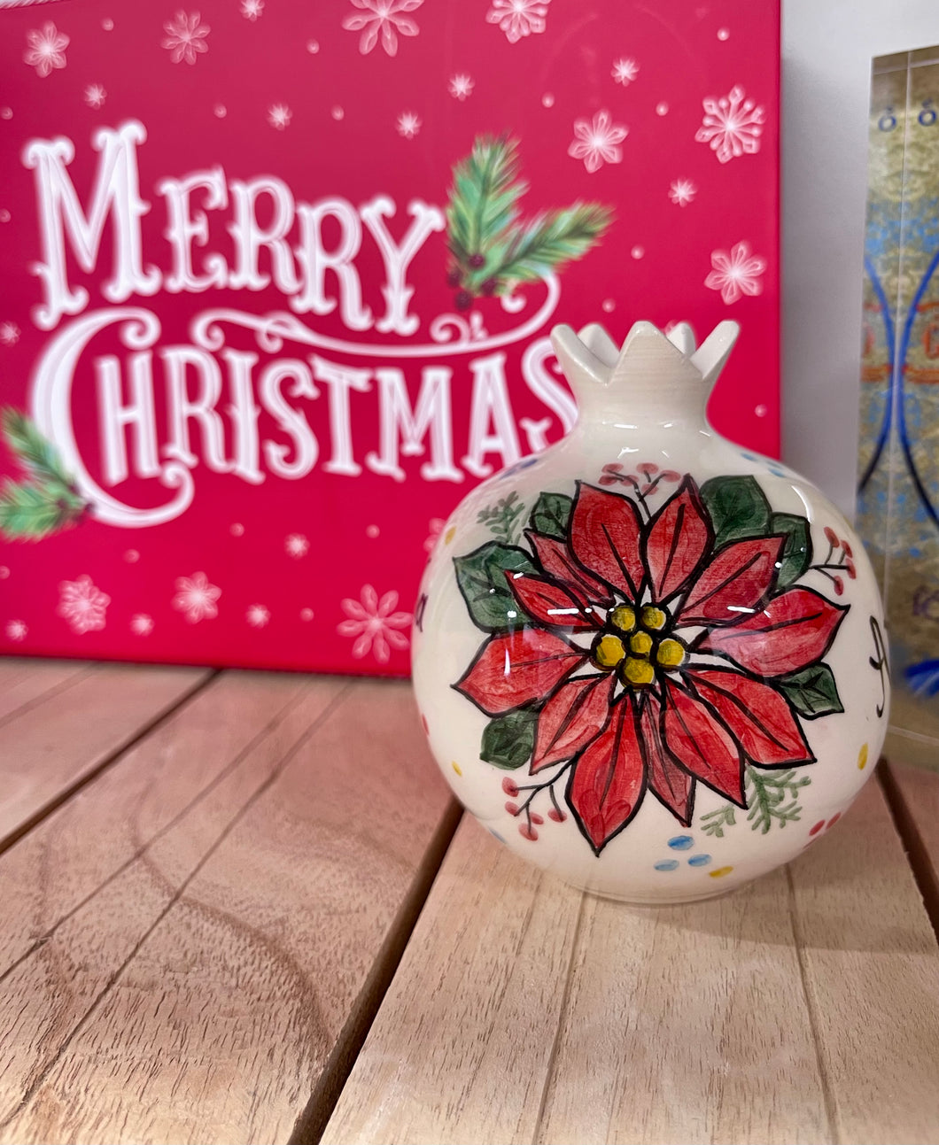 Ceramic Poinsettia and Ship Pomegranate with Αγάπη and Ελπίδα (free USA shipping included)