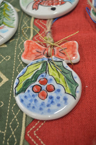 Ceramic Round Christmas Ornament with Bow—Multiple design and size choices (free USA shipping included)