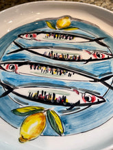 Load image into Gallery viewer, Ceramic 11.5” Round Platter Sardines and Lemon Design (free USA shipping included)

