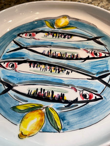 Ceramic 11.5” Round Platter Sardines and Lemon Design (free USA shipping included)