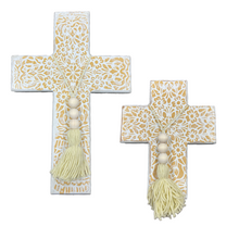 Load image into Gallery viewer, Boho Wooden Cross with Beige and White Design (2 size choices)
