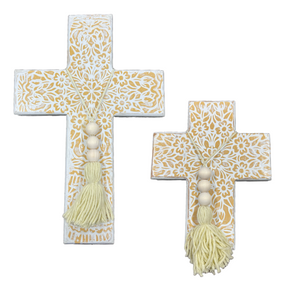 Boho Wooden Cross with Beige and White Design (2 size choices)