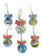 Load image into Gallery viewer, Ceramic Round Christmas Ornament with Bow—Multiple design and size choices (free USA shipping included)
