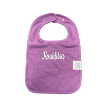 Load image into Gallery viewer, Embroidered Baby Bib “Kouklitsa” Design—Multiple color choices (free USA shipping included)
