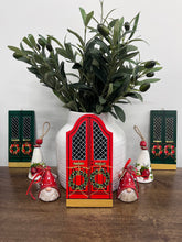 Load image into Gallery viewer, Wooden Christmas Miniature Door: Red with Olive Laurel Wreaths (free USA shipping included)
