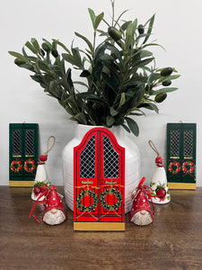 Wooden Christmas Miniature Door: Red with Olive Laurel Wreaths (free USA shipping included)