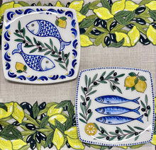 Load image into Gallery viewer, Ceramic 8” Square Plate: Fish, Lemons and Olives Design (free USA shipping included)
