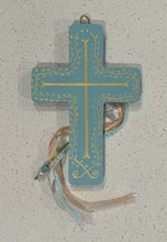 Load image into Gallery viewer, Wooden Cross: Blue with gold accents
