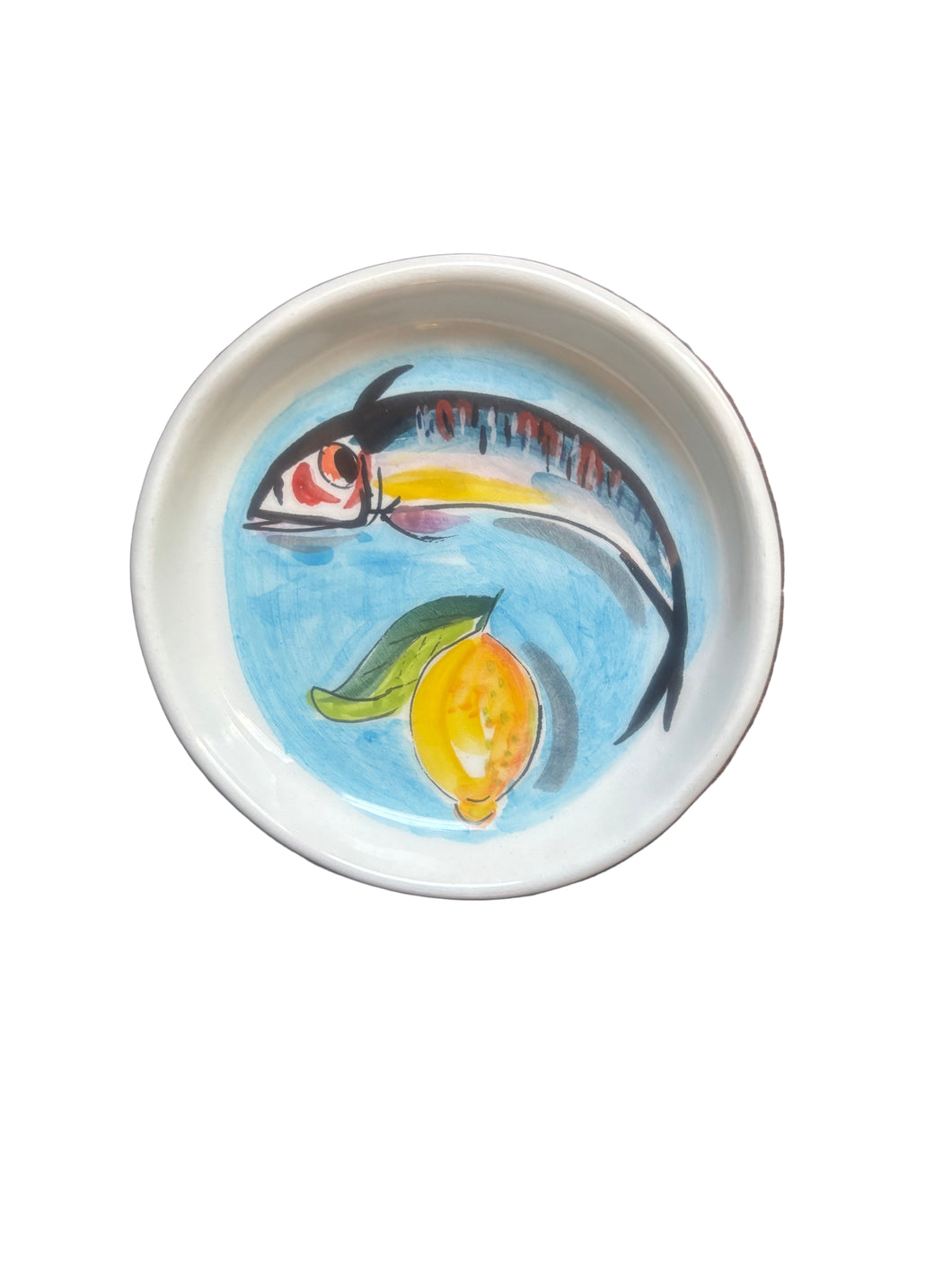 Ceramic Round Dish with fish and lemon design (free USA shipping)