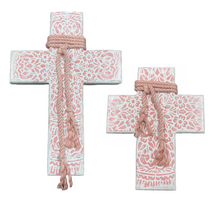 Load image into Gallery viewer, Boho Wooden Cross with Pink and White Design (free USA shipping included)
