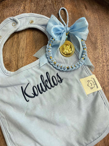 Embroidered Baby Bib “Kouklos” or “Koukla” Design—Multiple color choices (free USA shipping included)