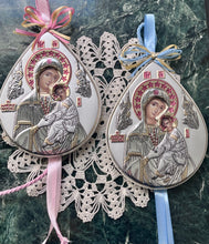 Load image into Gallery viewer, Παναγία Η Αμόλυντος Silver Plated Hanging Icon with Blue Ribbon (free USA shipping included)
