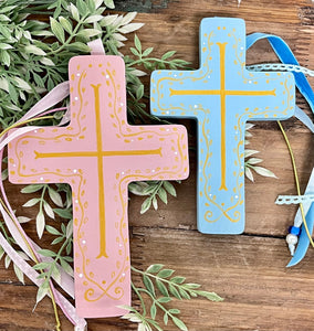 Wooden Cross with Blue and Gold Design and Cording (free USA shipping included)