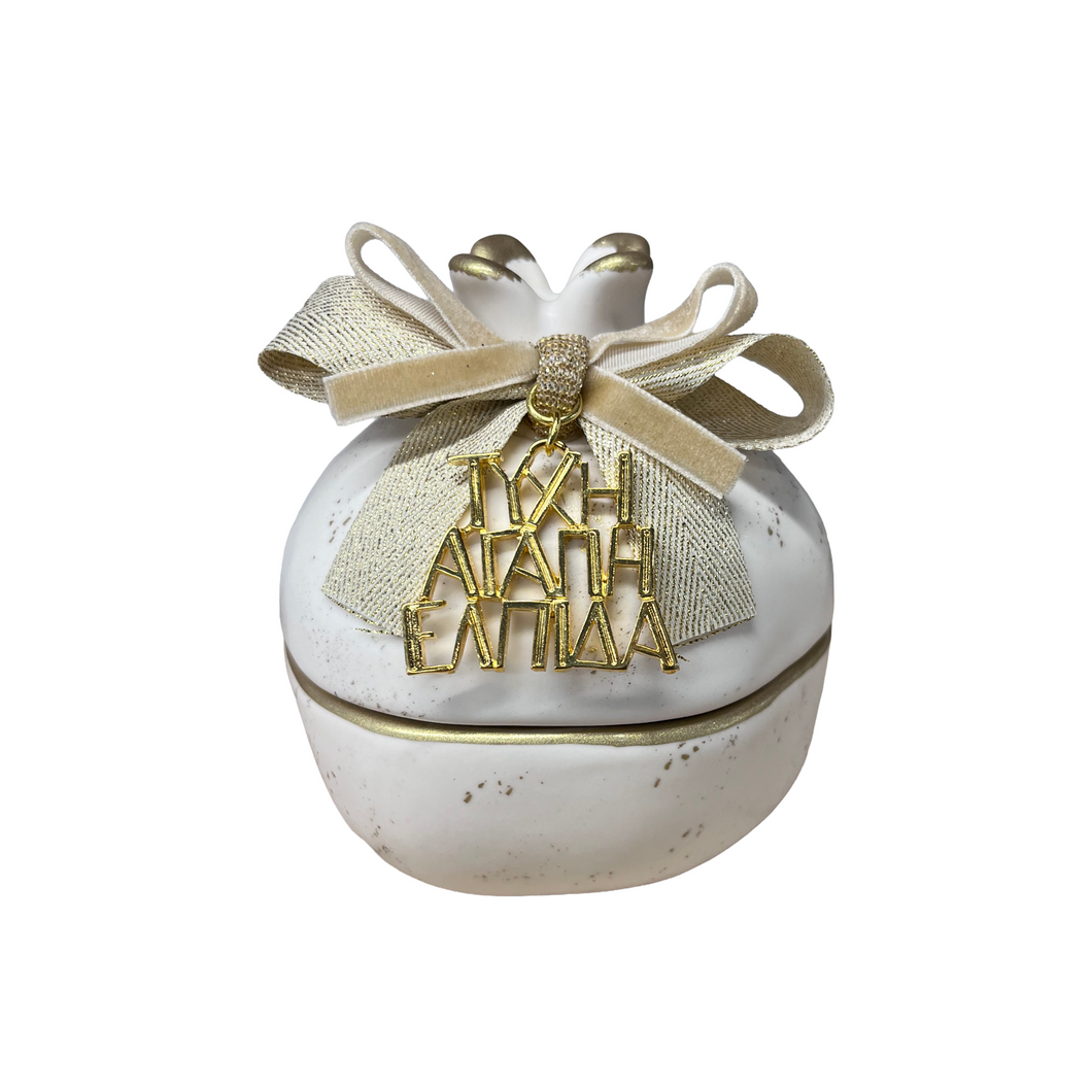 Ceramic Ivory Two-Piece Pomegranate Candle with Wishes Charm (free USA shipping included)