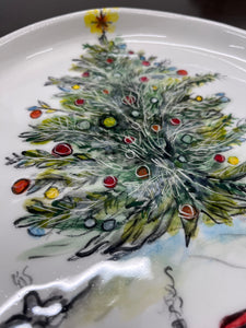 Ceramic 10” Round Platter Christmas Tree and Train Design (free USA shipping included)