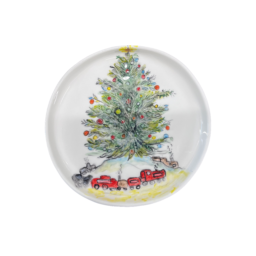 Ceramic 10” Round Platter Christmas Tree and Train Design (free USA shipping included)