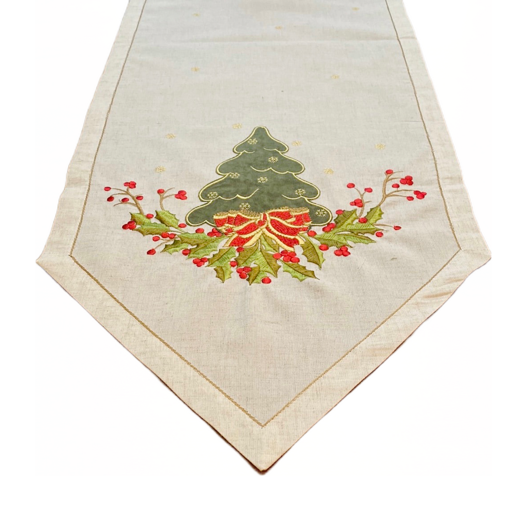 Christmas Tree and Berries Embroidered Table Runner
