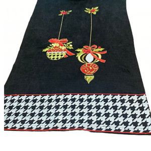 Christmas Ornaments and Black Velvet with Houndstooth Embroidered Table Runner
