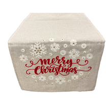 Load image into Gallery viewer, Merry Christmas and Snowflakes Embroidered Table Runner (free USA shipping included)
