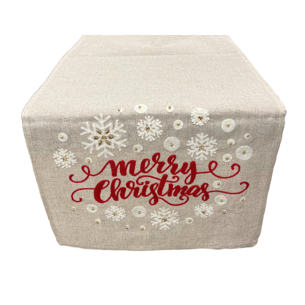 Merry Christmas and Snowflakes Embroidered Table Runner (free USA shipping included)