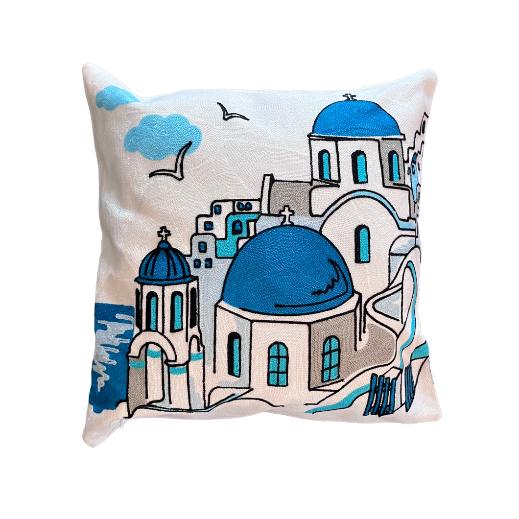 Blue and White Cyclades Churches Pillow Cover (free USA shipping included)