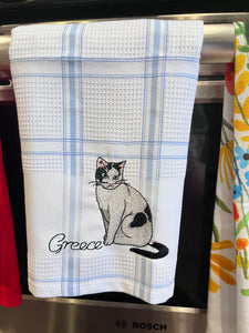 Embroidered Kitchen Towel: Blue Plaid Cat (free USA shipping included)