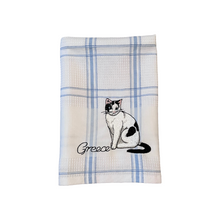 Load image into Gallery viewer, Embroidered Kitchen Towel: Blue Plaid Cat (free USA shipping included)
