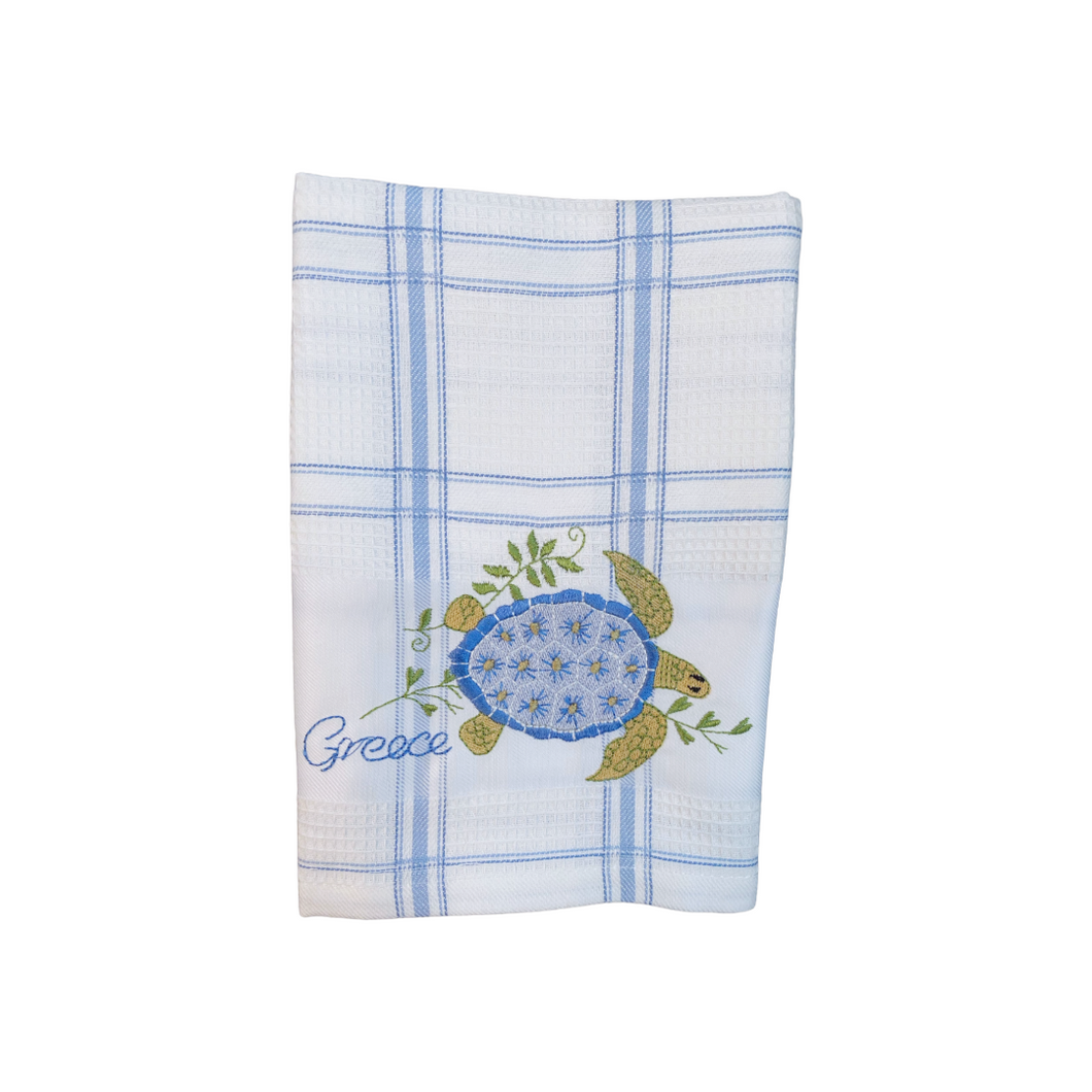 Embroidered Kitchen Towel: Blue Plaid Sea Turtle (free USA shipping included)