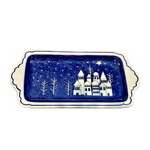 Ceramic Blue and White Christmas Village and Gold Star Ceramic Tray with Handles