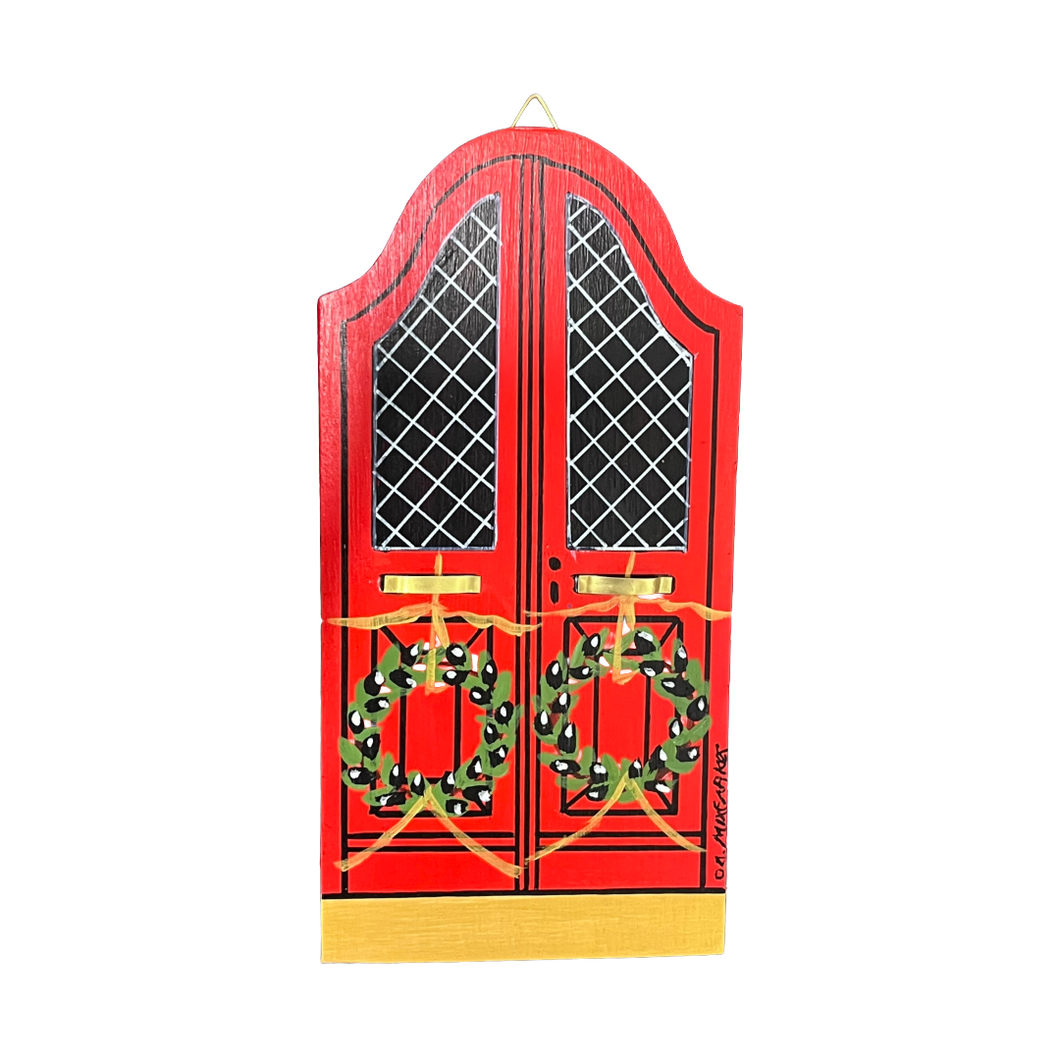 Wooden Christmas Miniature Door: Red with Olive Laurel Wreaths (free USA shipping included)