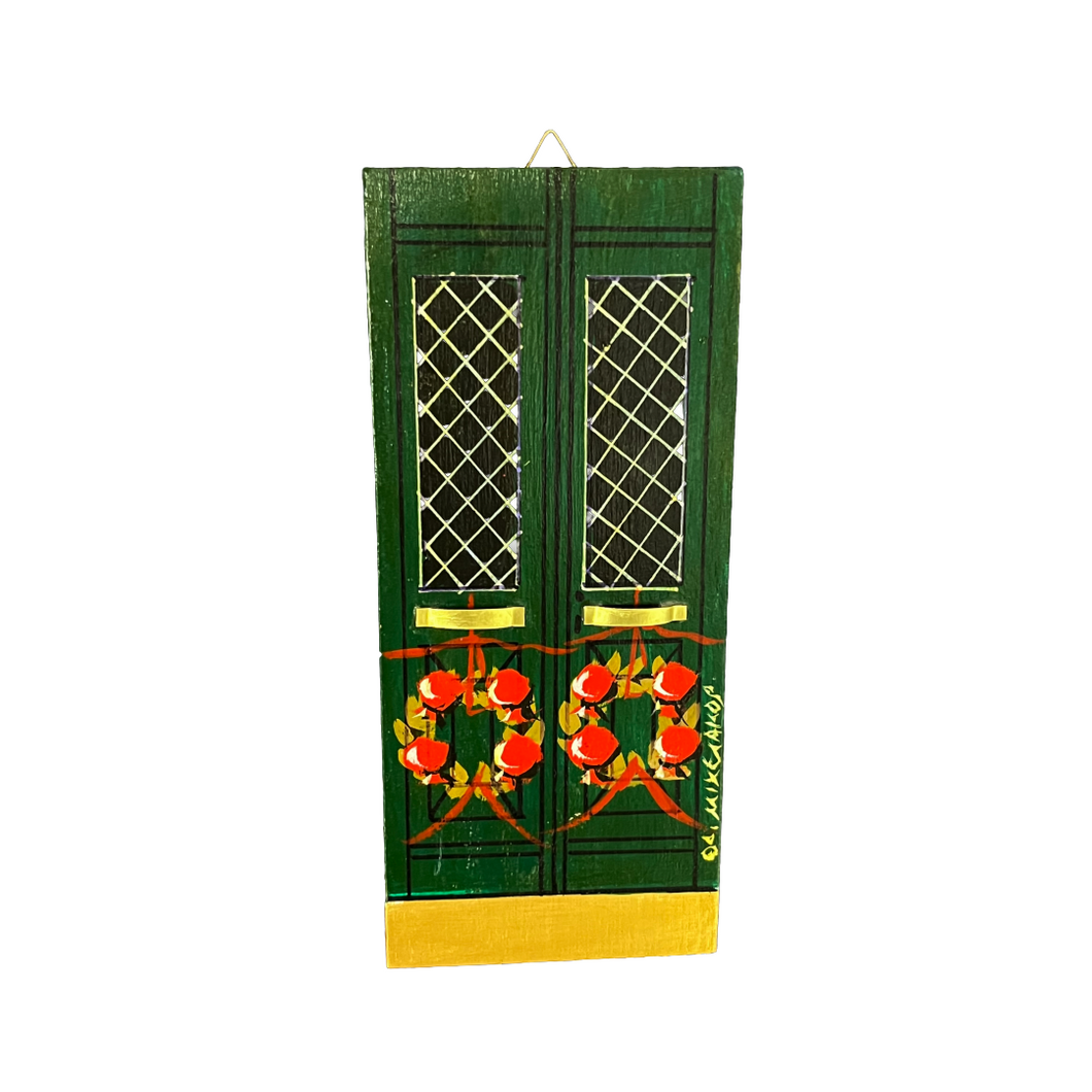 Wooden Christmas Miniature Door: Green with Pomegranate Wreaths (free USA shipping included)
