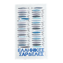 Load image into Gallery viewer, Cotton Tea Towel Greek Sardines Design (free USA shipping included)one left
