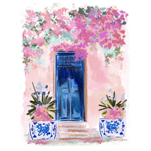 Load image into Gallery viewer, Rebecca Illustrated Art Print “Greece Blue Door Galore” (free USA shipping included)
