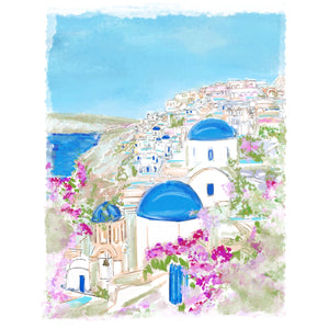 Rebecca Illustrated Art Print “Santorini Blues” (free USA shipping included)