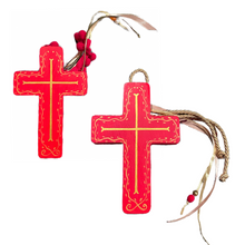 Load image into Gallery viewer, Wooden Cross with Red and Gold Design and Cording (free USA shipping included)
