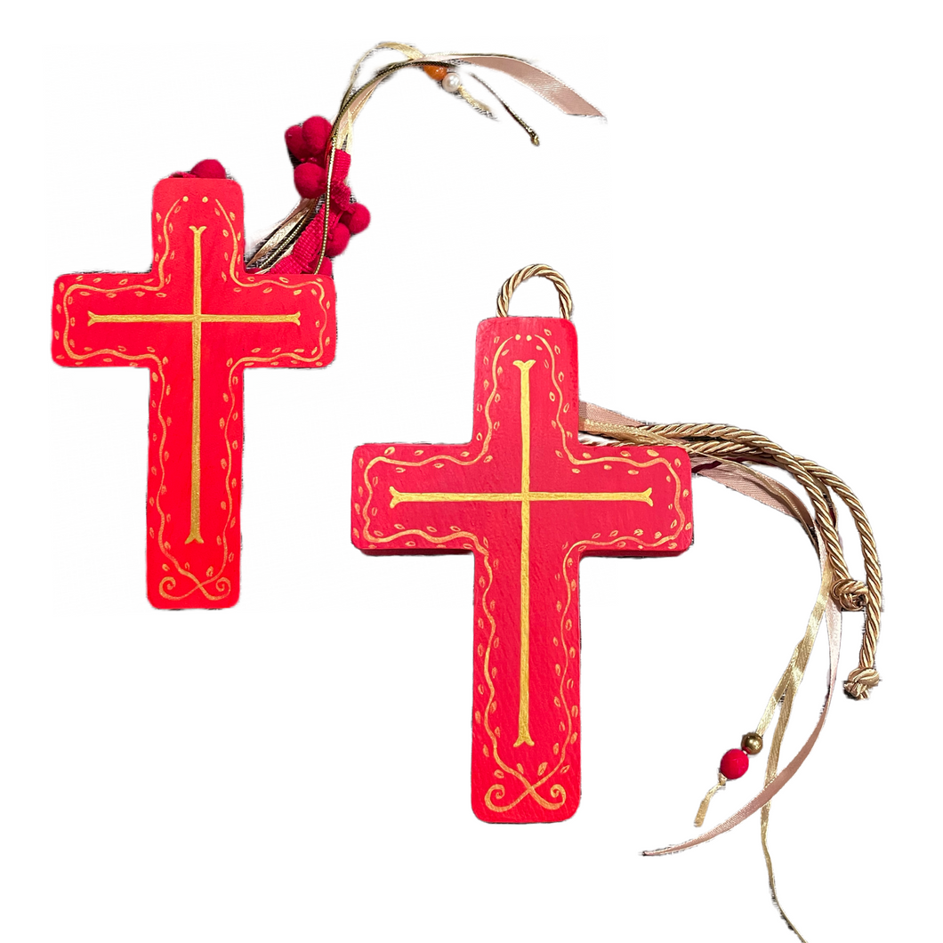 Wooden Cross with Red and Gold Design and Cording (free USA shipping included)