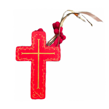 Load image into Gallery viewer, Wooden Cross with Red and Gold Design and Cording (free USA shipping included)
