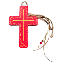 Load image into Gallery viewer, Wooden Cross with Red and Gold Design and Cording (free USA shipping included)
