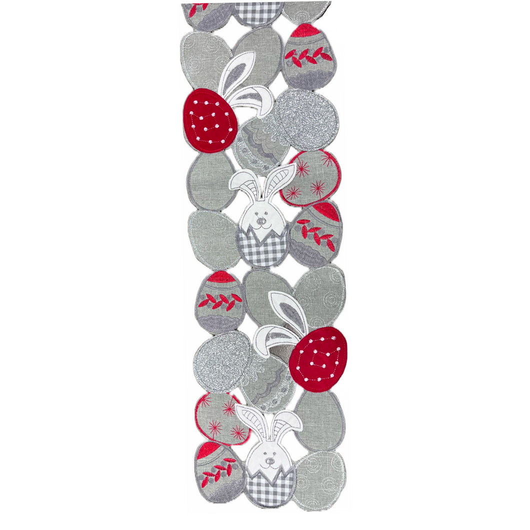 Cutout Easter Eggs and Bunnies Table Runner in Red and Gray (free USA shipping included)