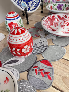 Cutout Easter Eggs and Bunnies Table Runner in Red and Gray (free USA shipping included)