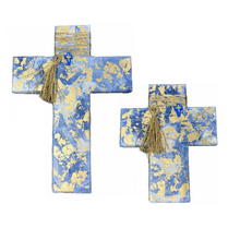 Load image into Gallery viewer, Wooden Cross with Blue and Gold Foil Design (free USA shipping included)

