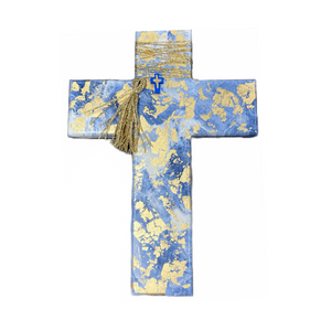 Wooden Cross with Blue and Gold Foil Design (free USA shipping included)