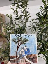 Load image into Gallery viewer, Ceramic Square Wall Tile with Καλημέρα and Island Church (free USA shipping included)
