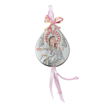 Load image into Gallery viewer, PREORDER - Παναγία Η Αμόλυντος Silver Plated Hanging Icon with Pink Ribbon (free USA shipping included)
