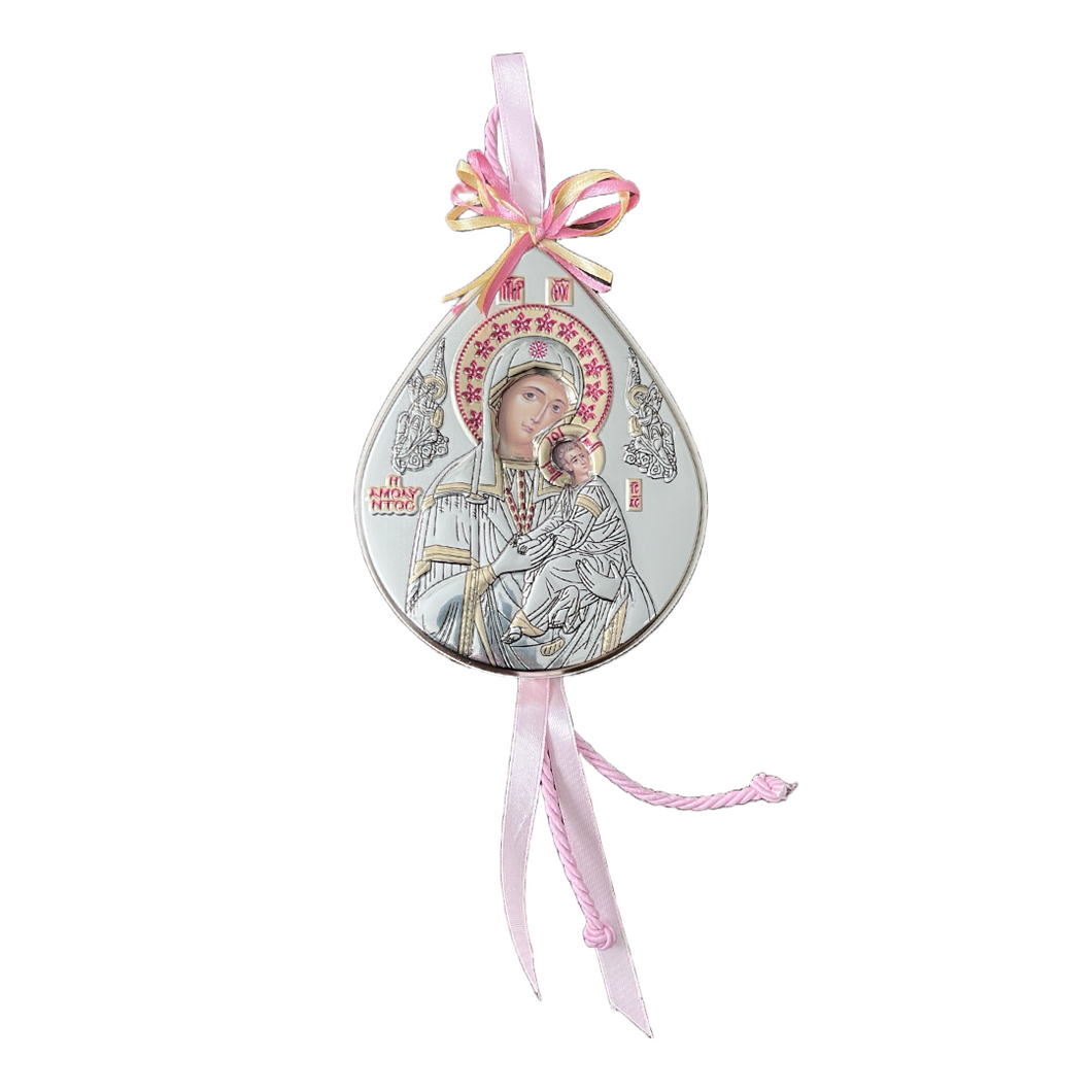 PREORDER - Παναγία Η Αμόλυντος Silver Plated Hanging Icon with Pink Ribbon (free USA shipping included)