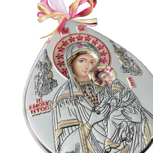 Load image into Gallery viewer, PREORDER - Παναγία Η Αμόλυντος Silver Plated Hanging Icon with Pink Ribbon (free USA shipping included)
