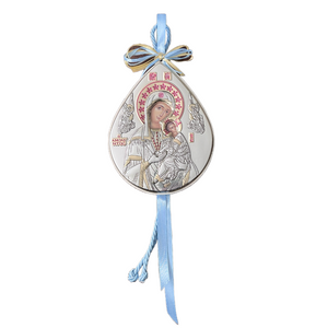 Παναγία Η Αμόλυντος Silver Plated Hanging Icon with Blue Ribbon (free USA shipping included)