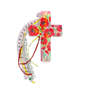 Wooden Cross with Poppies Design and Cording (free USA shipping included)